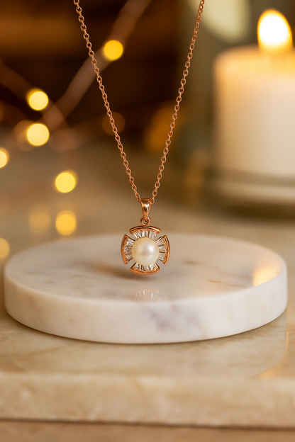 Elegant Pearl Pendant Necklace in Rose Gold Finish with Sparkling Stones
