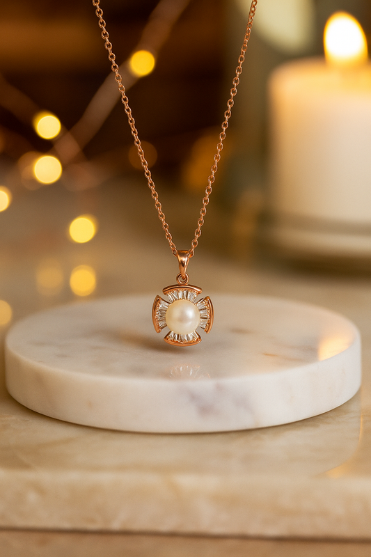 Elegant Pearl Pendant Necklace in Rose Gold Finish with Sparkling Stones