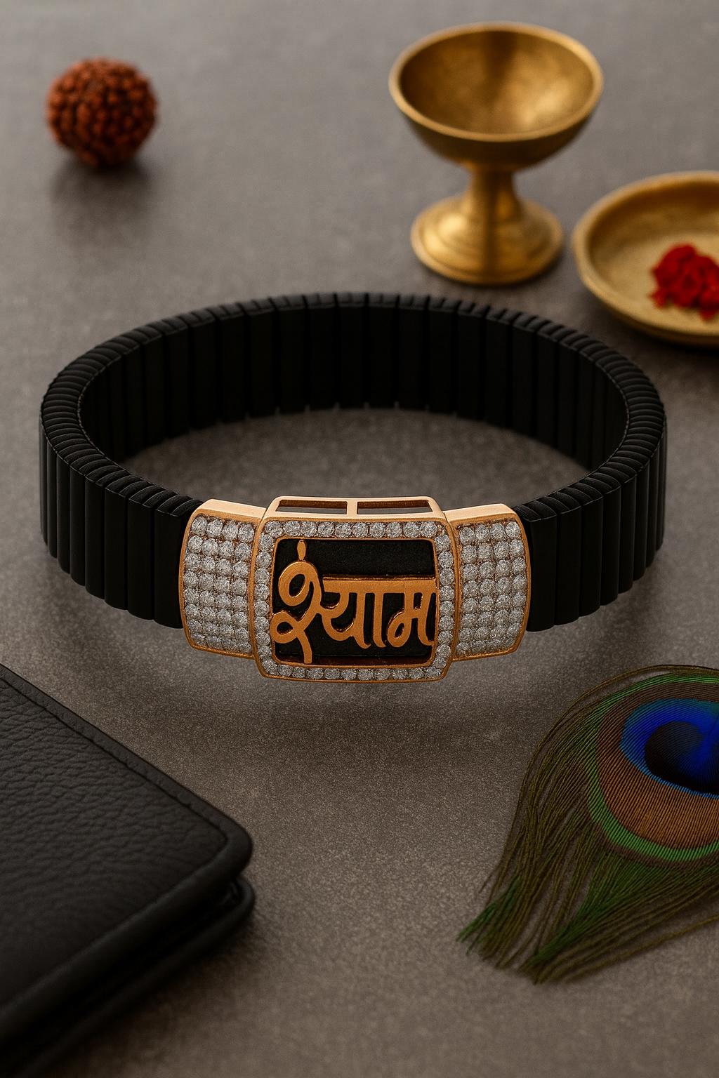 Premium Shyam Name Men’s Bracelet Black Ceramic Stretch Band with Rose Gold CZ Plate