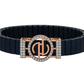 Premium Designer Logo Men’s Bracelet Blue Ceramic Stretch Band with Rose Gold CZ Round Emblem