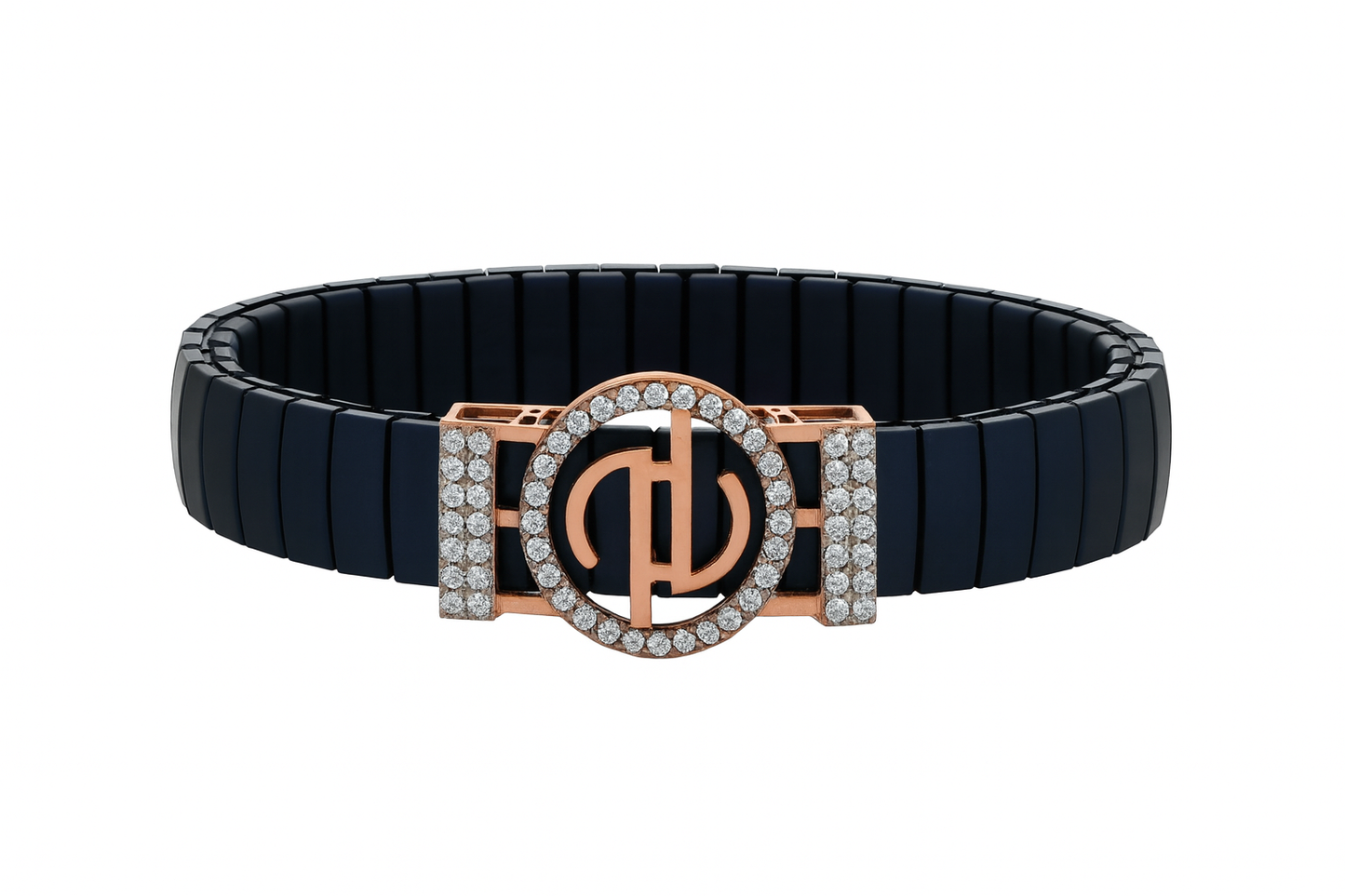 Premium Designer Logo Men’s Bracelet Blue Ceramic Stretch Band with Rose Gold CZ Round Emblem