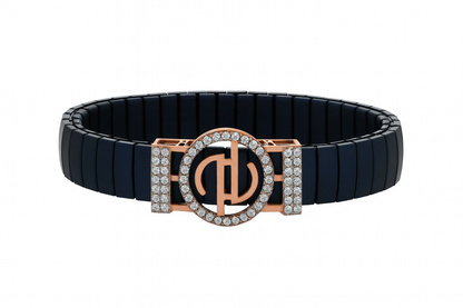 Premium Designer Logo Men’s Bracelet Blue Ceramic Stretch Band with Rose Gold CZ Round Emblem