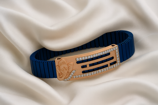 Premium Ganesha Men’s Bracelet Blue Ceramic Stretch Band with Rose-Gold CZ Devotional Plate