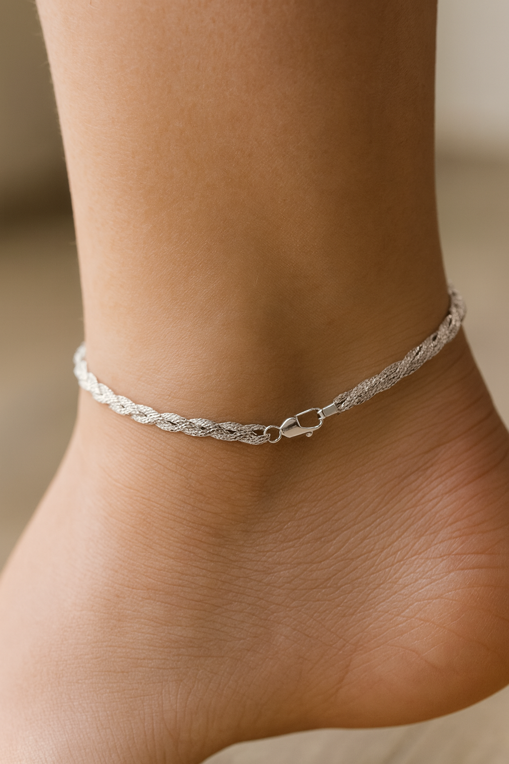 Elegant Silver Braided Rope Anklet for Women & Girls | Minimal Textured Daily Wear Adjustable Ankle Bracelet