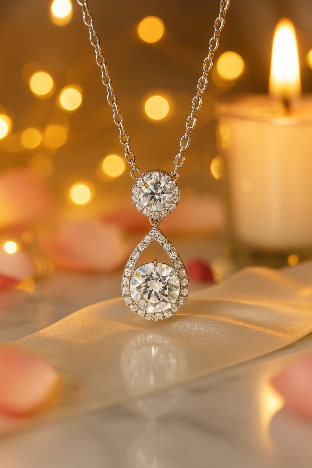 Teardrop Double Zircon Pendant Necklace for Women 925 Silver Finish Elegant Party and Wedding Wear Chain