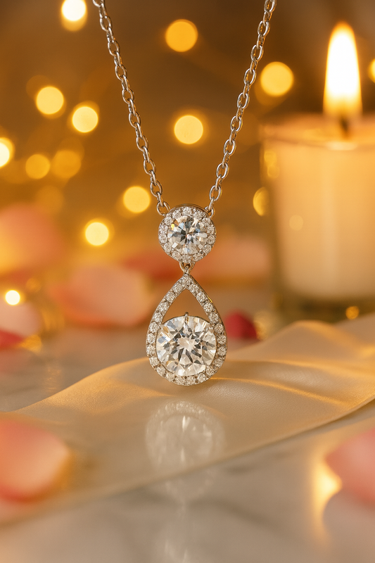 Teardrop Double Zircon Pendant Necklace for Women 925 Silver Finish Elegant Party and Wedding Wear Chain