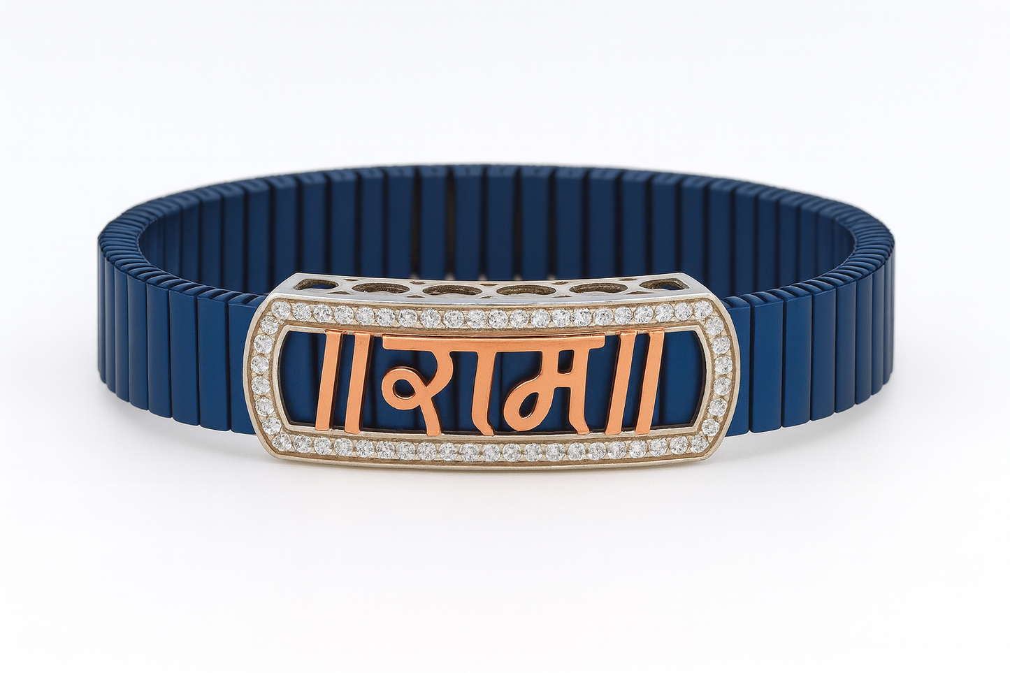 Premium Ram Name Men’s Bracelet Blue Ceramic Stretch Band with Rose Gold CZ Frame