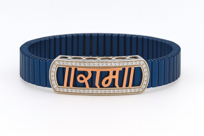 Premium Ram Name Men’s Bracelet Blue Ceramic Stretch Band with Rose Gold CZ Frame