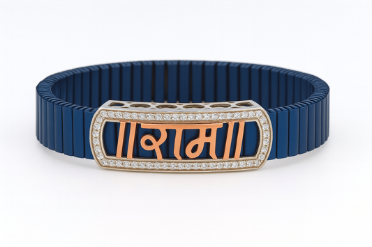 Premium Ram Name Men’s Bracelet Blue Ceramic Stretch Band with Rose Gold CZ Frame