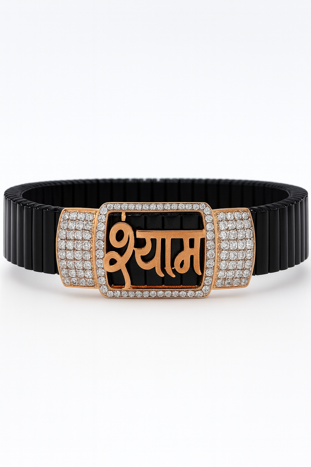 Premium Shyam Name Men’s Bracelet Black Ceramic Stretch Band with Rose Gold CZ Plate