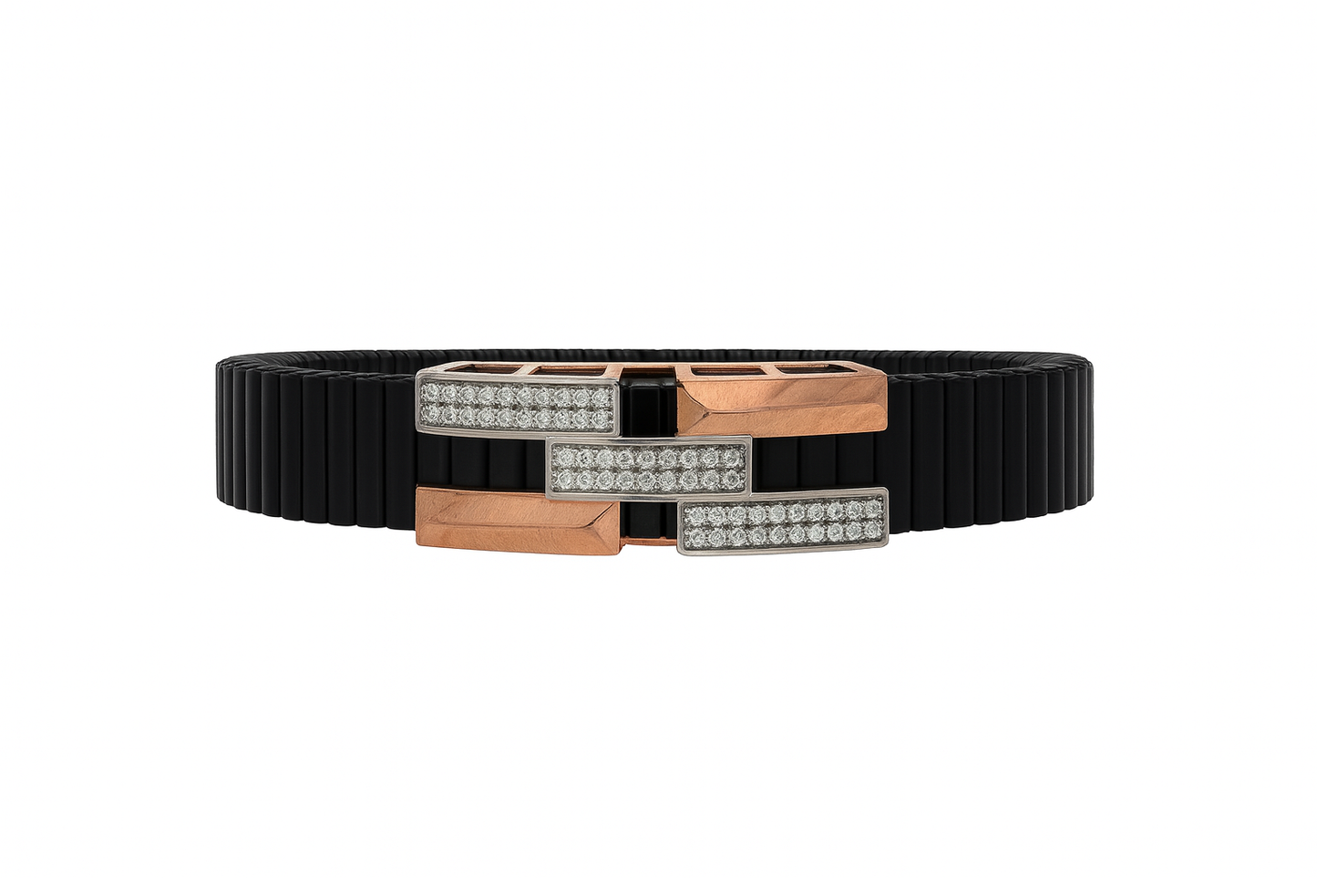 Premium Men’s Bracelet Black Ceramic Stretch Band with Silver ZigZag CZ Designer Plate