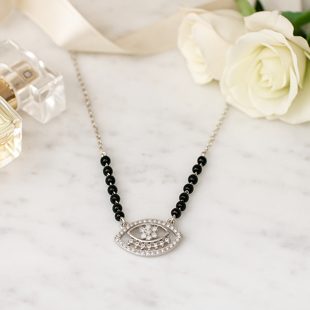 Silver Tone Evil Eye CZ Pendant Necklace with Black Beads for Women