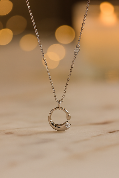 Minimal C-Shape Pendant Necklace White Gold Finish with Single CZ Stone