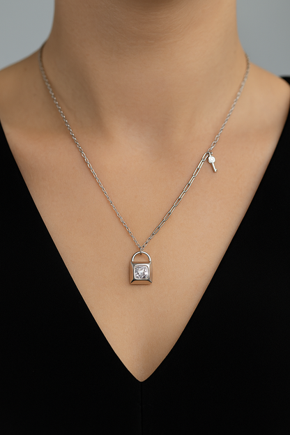 Minimal Lock Pendant Necklace with CZ Stone in White Gold Finish