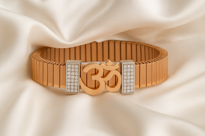 Premium Om Designer Men’s Bracelet Rose-Gold Ceramic Stretch Band with CZ Studded Side Detailing