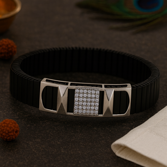 Premium Silver Designer Men’s Bracelet Black Ceramic Stretch Band with CZ Studded Centerpiece