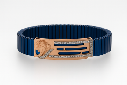 Premium Ganesha Men’s Bracelet Blue Ceramic Stretch Band with Rose-Gold CZ Devotional Plate