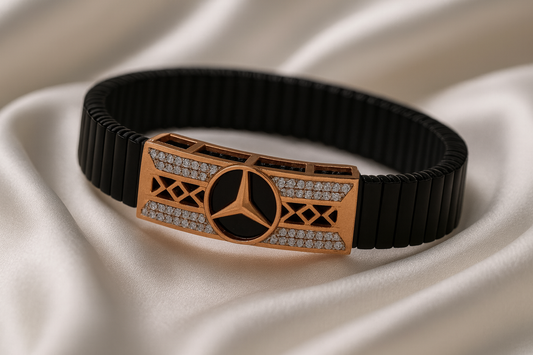 Mercedes Logo Men’s Bracelet Black Ceramic Stretch Band with Rose Gold CZ Designer Plate
