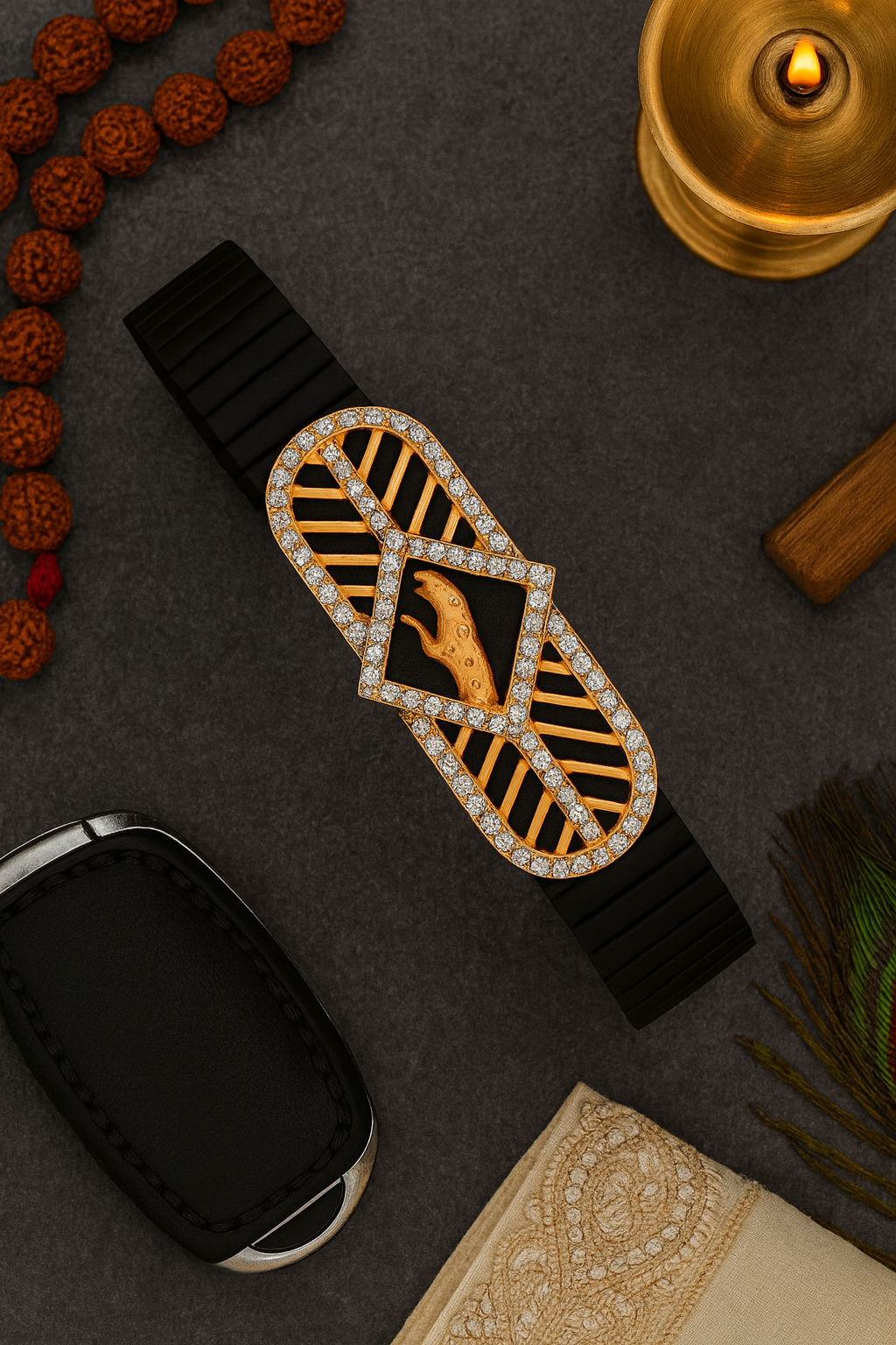 Jaguar Logo Men’s Bracelet Black Ceramic Stretch Band with Rose Gold CZ Designer Plate