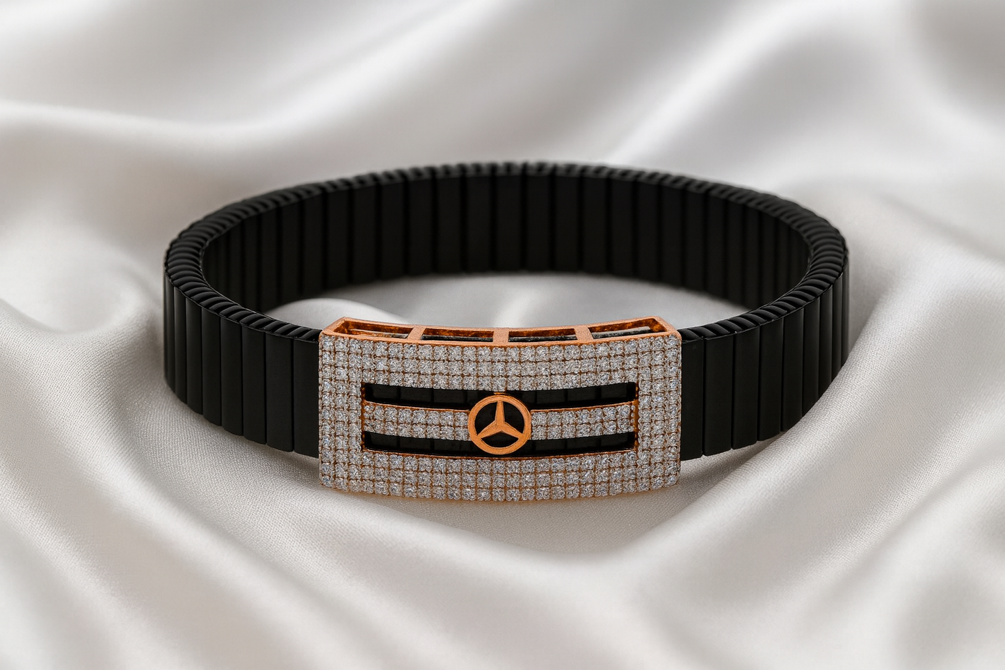 Premium Mercedes Logo Men’s Bracelet Full CZ Rose Gold Plate with Black Ceramic Stretch Band