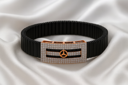 Premium Mercedes Logo Men’s Bracelet Full CZ Rose Gold Plate with Black Ceramic Stretch Band