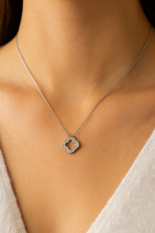 Silver Clover Shape Diamond-Studded Pendant Necklace for Women