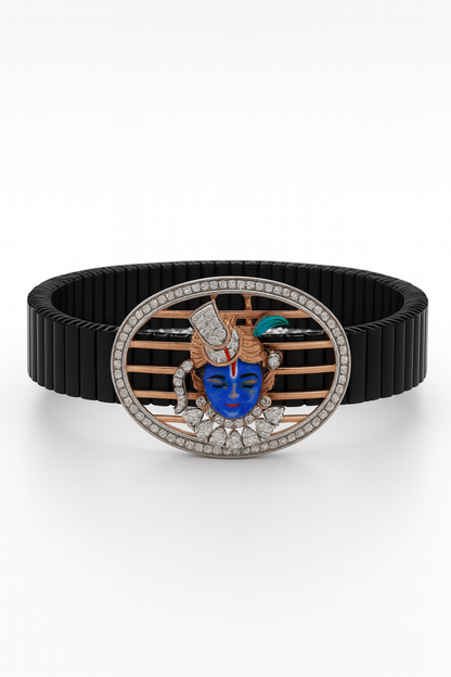 Premium Shree Nath Ji Face Men’s Bracelet Black Ceramic Stretch Band with Color Enamel & CZ Devotional Oval Plate