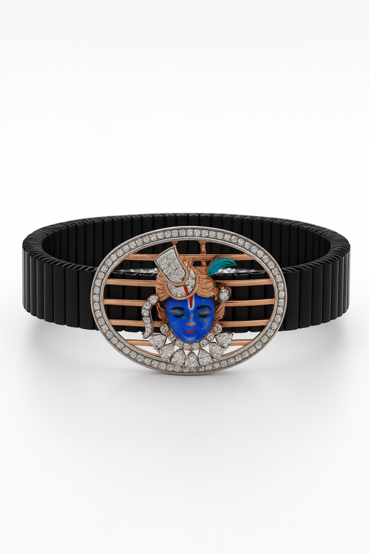 Premium Shree Nath Ji Face Men’s Bracelet Black Ceramic Stretch Band with Color Enamel & CZ Devotional Oval Plate