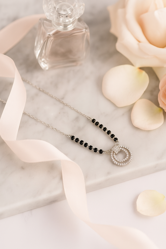 Silver Tone CZ Circle Pendant Necklace with Black Beads for Women