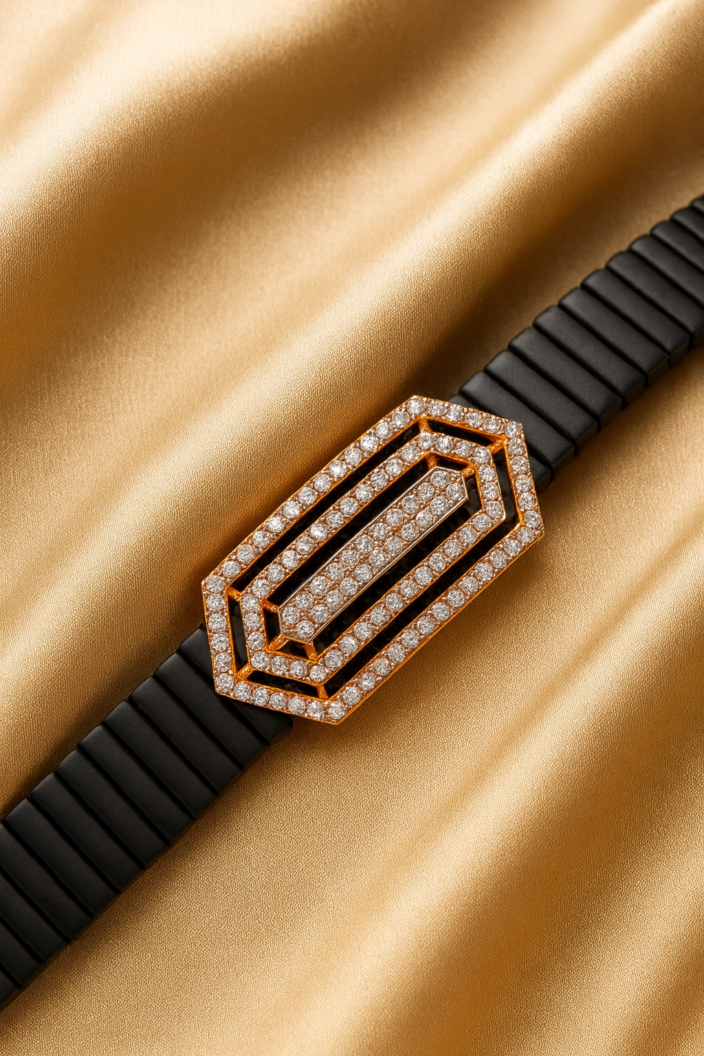 Premium Geometric Layered Men’s Bracelet Black Ceramic Stretch Band with Rose Gold CZ Plate