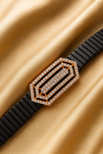 Premium Geometric Layered Men’s Bracelet Black Ceramic Stretch Band with Rose Gold CZ Plate