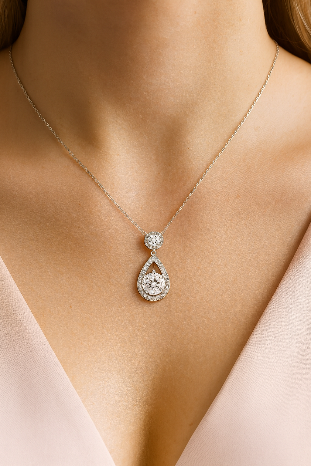 Teardrop Double Zircon Pendant Necklace for Women 925 Silver Finish Elegant Party and Wedding Wear Chain