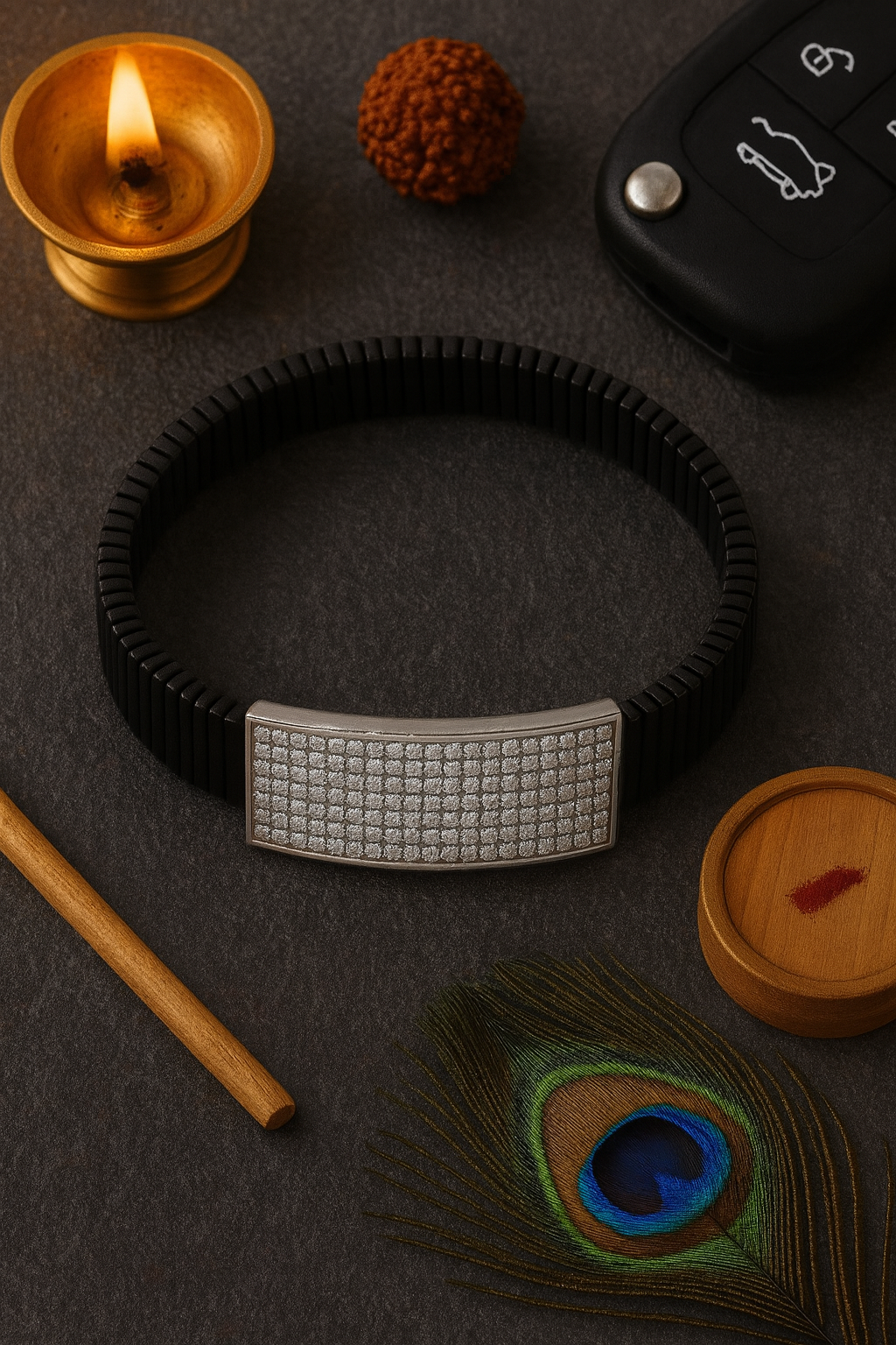 Premium Men’s Silver CZ Plate Bracelet Black Ceramic Stretch Band Luxury Designer Style