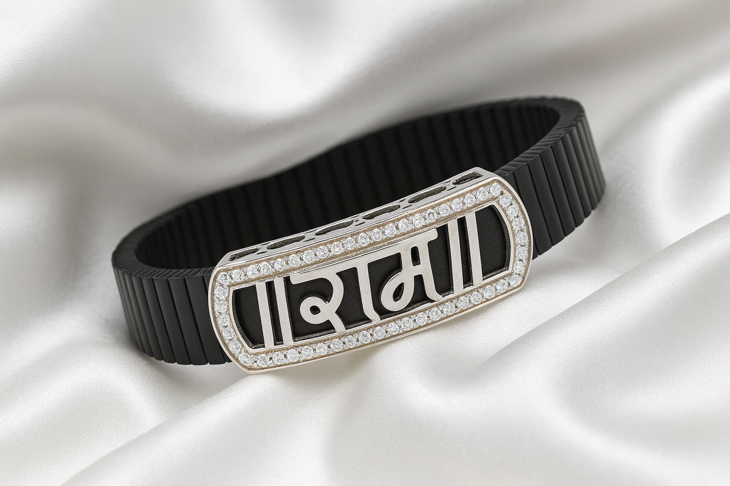 Premium Ram Name Men’s Bracelet Blue Ceramic Stretch Band with Rose Gold CZ Frame