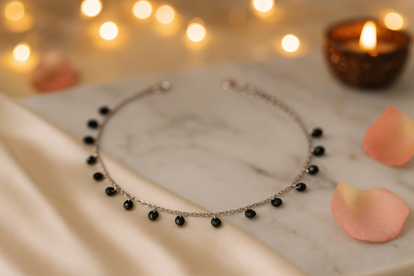 Elegant Silver Black Drop Charm Anklet for Women & Girls | Minimal Daily Wear Adjustable Chain Anklet