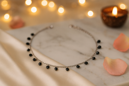 Elegant Silver Black Drop Charm Anklet for Women & Girls | Minimal Daily Wear Adjustable Chain Anklet