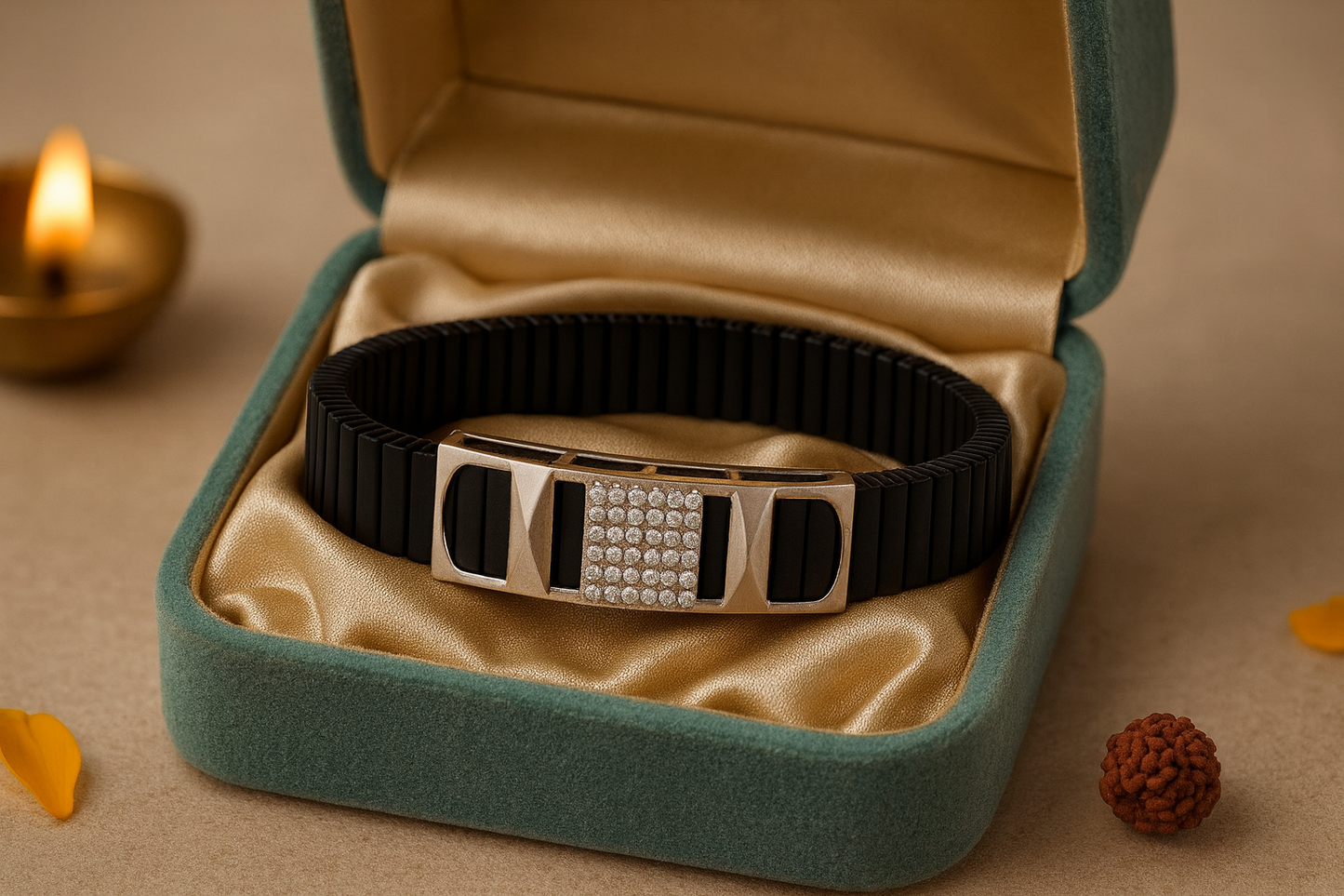 Premium Silver Designer Men’s Bracelet Black Ceramic Stretch Band with CZ Studded Centerpiece