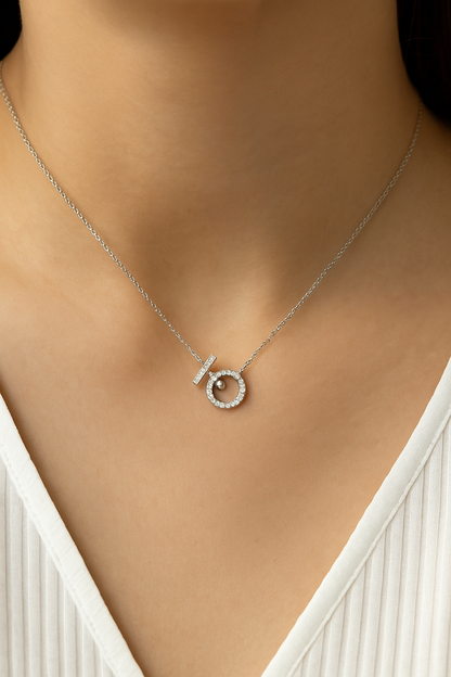 Premium Toggle Design Women’s Necklace White Gold Finish with CZ Circle Pendant