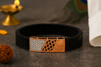 Premium Men’s Designer Bracelet Black Ceramic Stretch Band with Silver CZ Engraved Plate