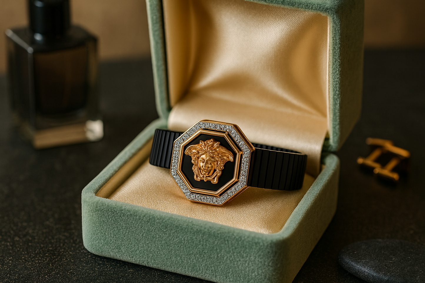 Premium Octagon Medusa Men’s Bracelet Black Ceramic Stretch Band with Rose Gold CZ Frame