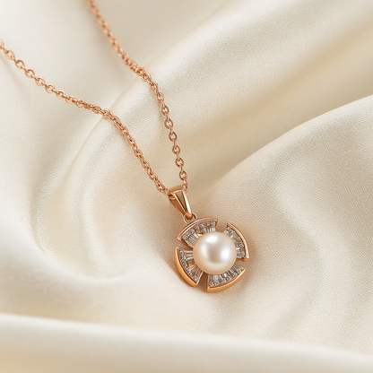 Elegant Pearl Pendant Necklace in Rose Gold Finish with Sparkling Stones