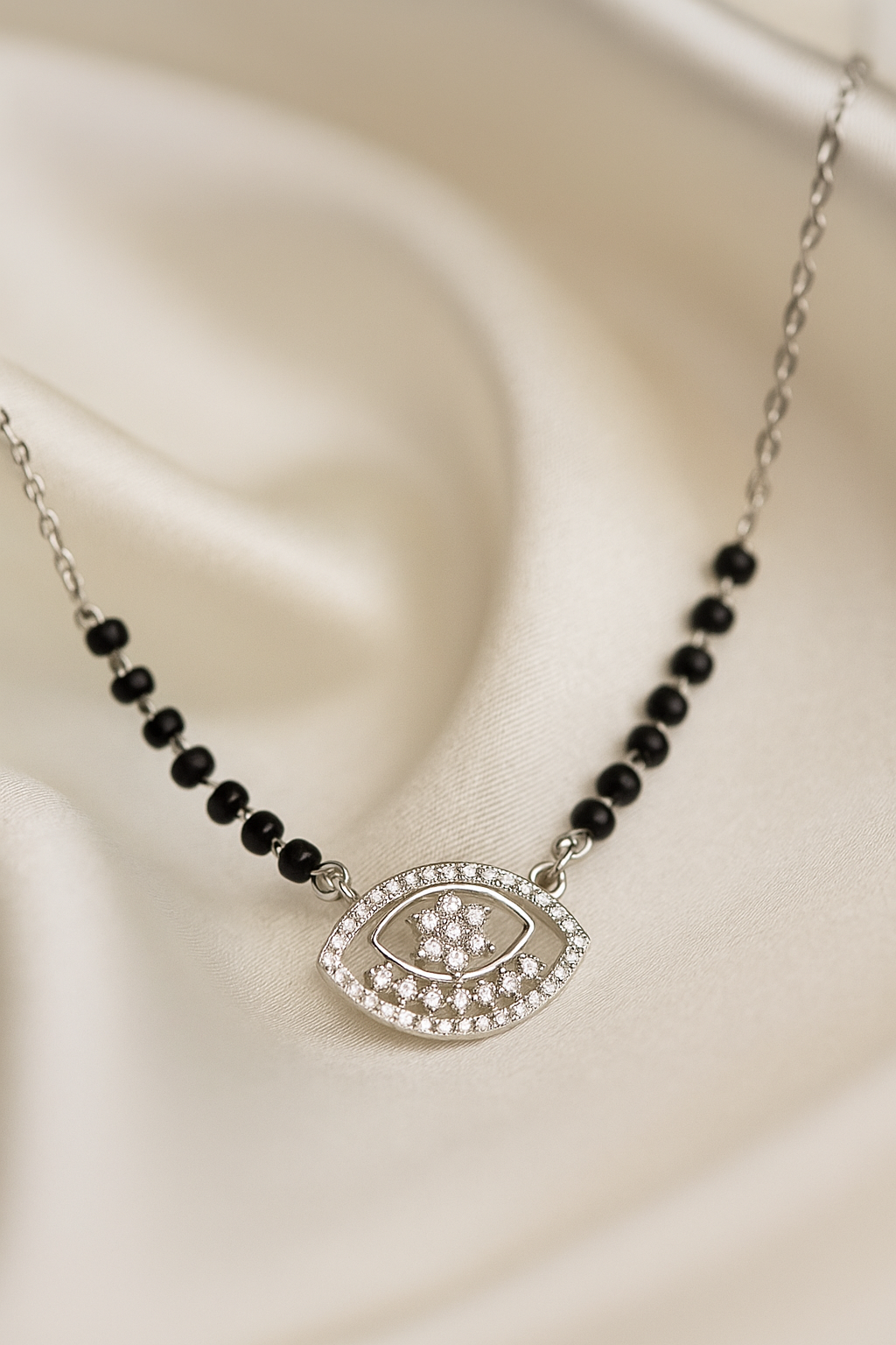 Silver Tone Evil Eye CZ Pendant Necklace with Black Beads for Women