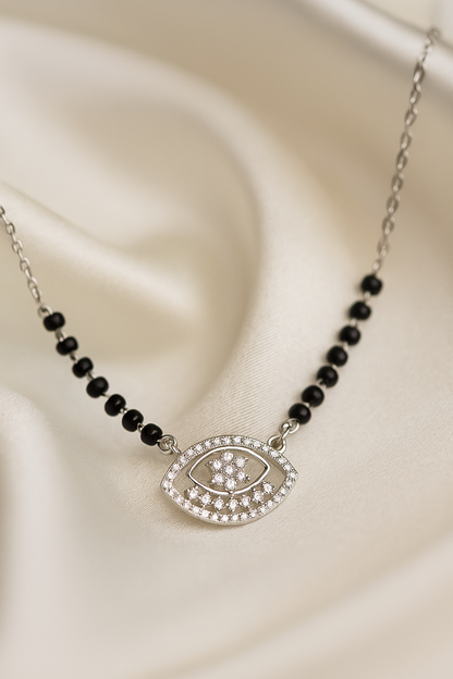 Silver Tone Evil Eye CZ Pendant Necklace with Black Beads for Women