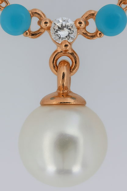 Rose Gold Pearl Pendant Necklace with Blue Beads for Women