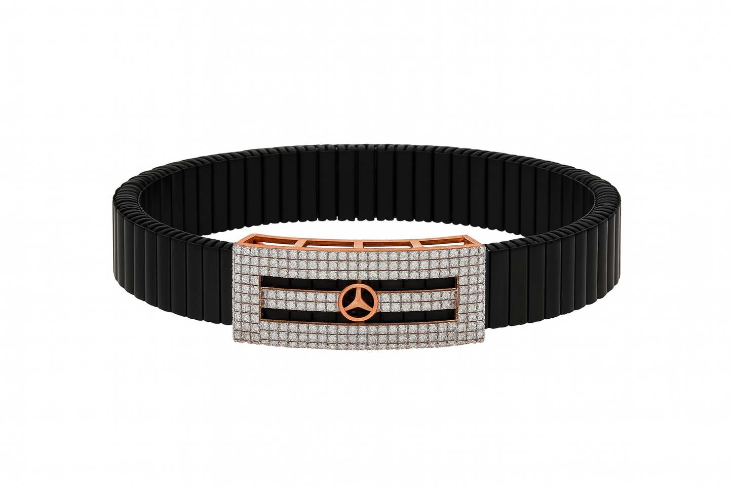 Premium Mercedes Logo Men’s Bracelet Full CZ Rose Gold Plate with Black Ceramic Stretch Band