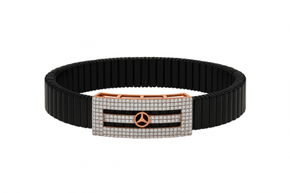 Premium Mercedes Logo Men’s Bracelet Full CZ Rose Gold Plate with Black Ceramic Stretch Band