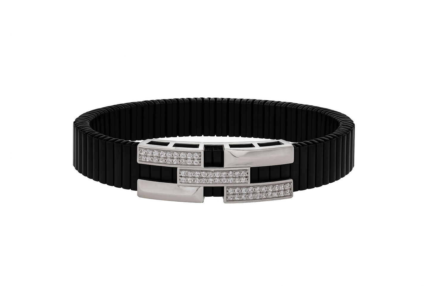 Premium Men’s Bracelet Black Ceramic Stretch Band with Silver ZigZag CZ Designer Plate