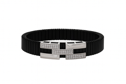 Premium Men’s Bracelet Black Ceramic Stretch Band with Silver ZigZag CZ Designer Plate