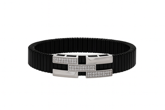 Premium Men’s Bracelet Black Ceramic Stretch Band with Silver ZigZag CZ Designer Plate