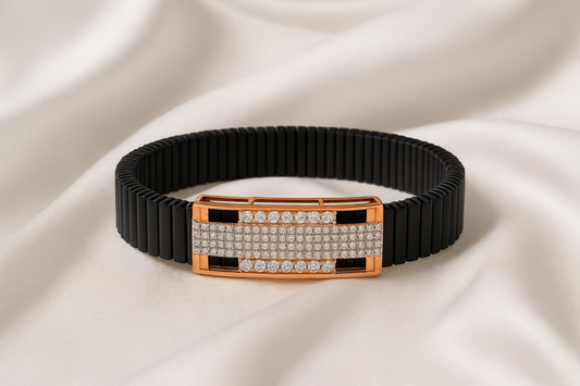 Premium Black Ceramic Men’s Bracelet with Rose Gold CZ Plate | Luxury Daily Wear Stretch Bracelet